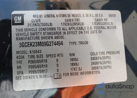 2009 Chevrolet Silverado 1500 Lt из США, поврежденный, VIN 3GCEK23M09G274494